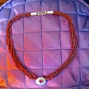 Elegant Red Garnet Beaded Necklace with Silver Accents, Signed